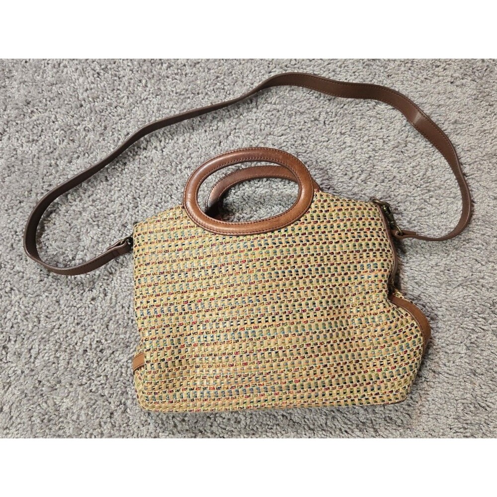 Vintage Fossil Multicolor Straw Hand Carry Purse Leather Strap Shoulder Bag